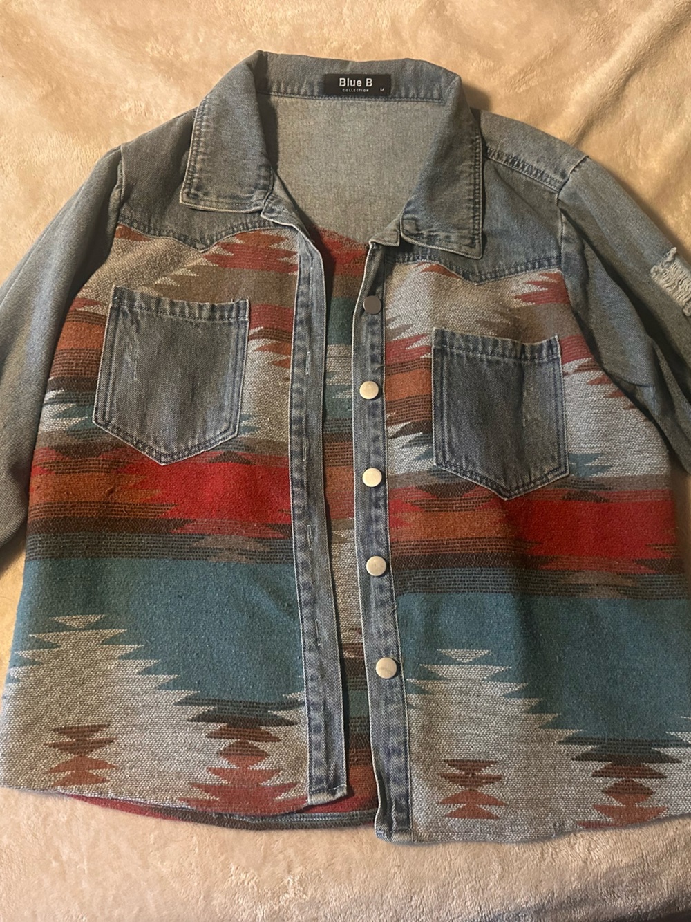 Denim Western Snap Jacket with Southwestern Stripe
